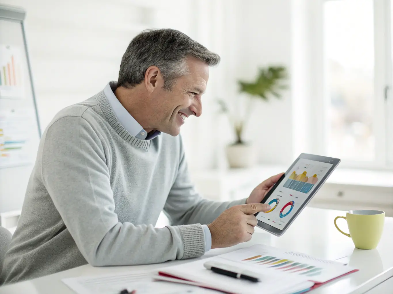 A professional investor smiling confidently while reviewing automated trading performance charts on a tablet, showcasing the benefit of client-controlled capital.